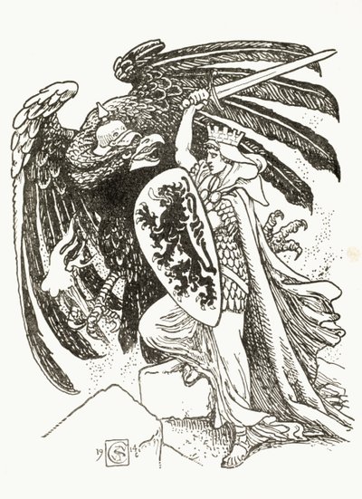 Ein belgischer Krieger kämpft mit einem deutschen Adler, 1915 von Walter Crane